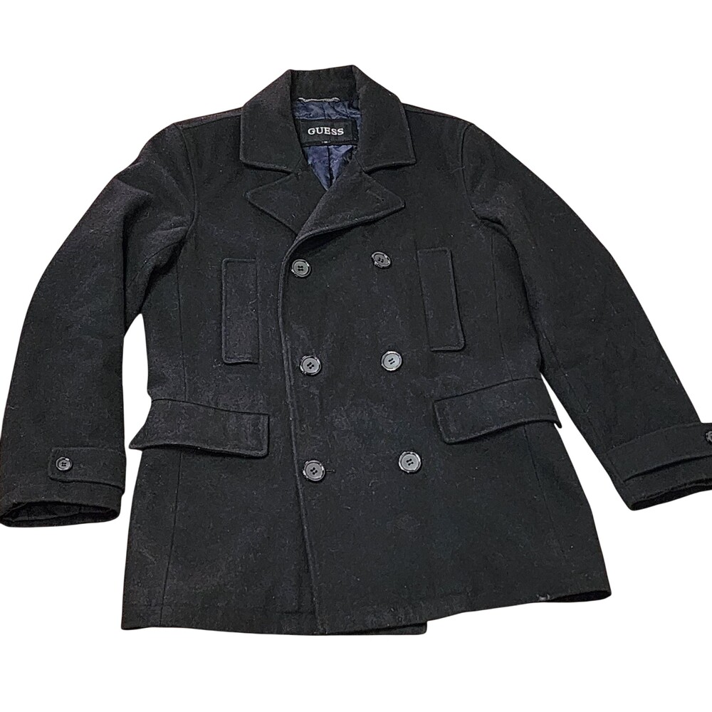 GUESS Pea Coat Mens Medium Black Wool Blend Quilted Double Breasted Winter